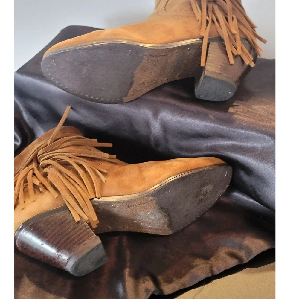 Sam Edelman Louie Tan Suede Fringe Ankle Boots Western Booties 5.5M B1275L4201